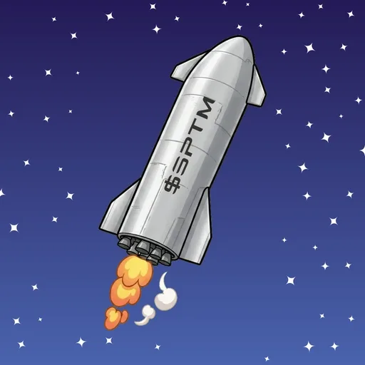 Cartoon: a stainless steel Starrship with $SPTM on its hull climbing under power, flame at its tail, against a star field graded from deep purple to indigo down which white four-point stars keep falling